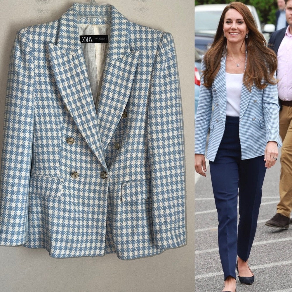Zara Houndstooth Blazer Womens Small Light Blue Double Breasted Kate Middleton
